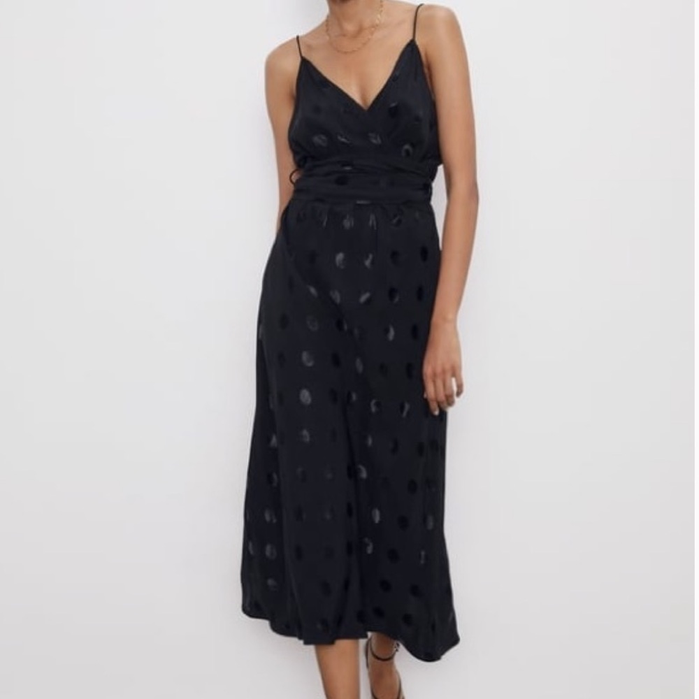 Zara Black Polka Dot Midi Slip Dress